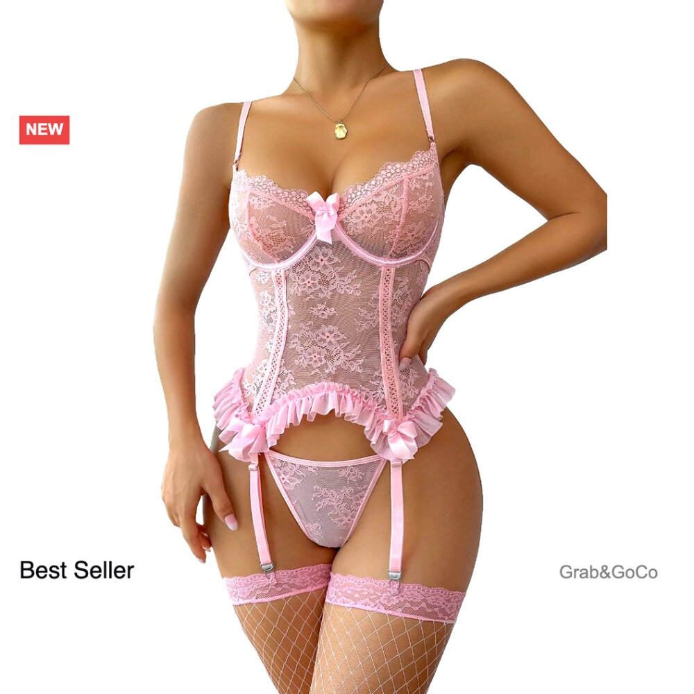 Floral Lace Bustier Garter Lingerie Set with Fishnet Stockings Elegant